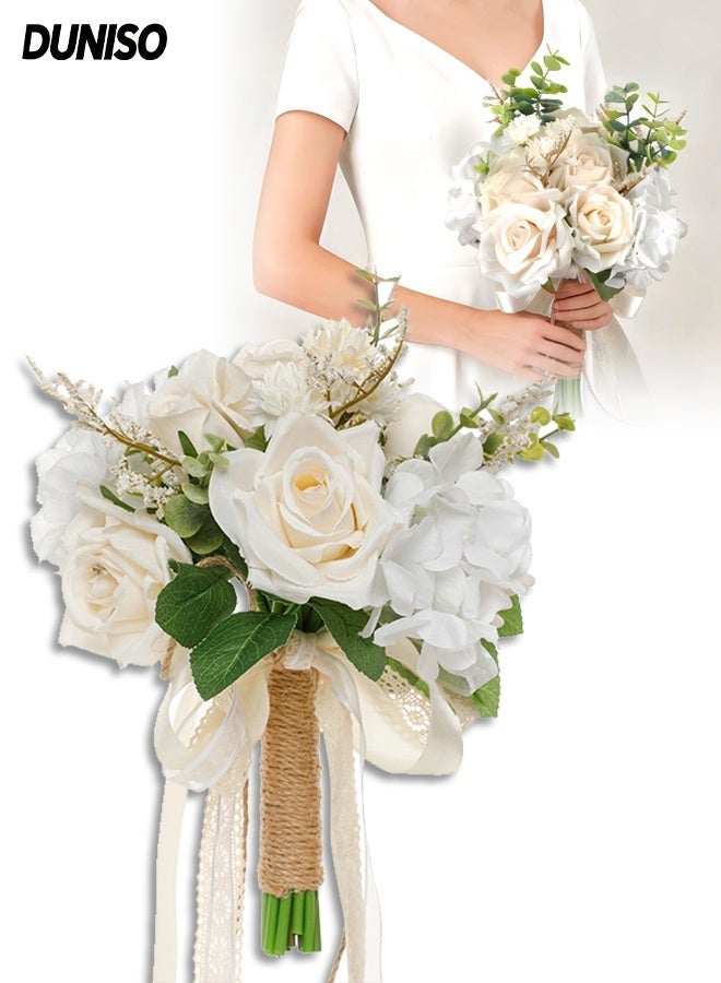 DUNISO Wedding Bouquets for Bride, Artificial Fake Silk Roses Flowers for Wedding, French Vintage Boho Rustic Church Decoration, Toss Bouquet - Image 1